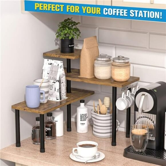 Rustic Brown 3 Tier Countertop Organizer Shelf Spice Rack Coffee Station - Picture 3 of 7
